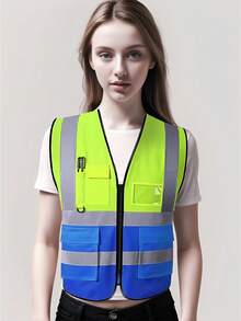 High Visibility Reflective Vest With Pockets And Zipper Front, Neon Yellow, Meets ANSI/ISEA Standards