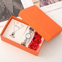 Caja de regalo de San Valentín con 7 piezas: reloj, aretes con perlas y rhinestones, collar con cisne, anillo en forma de corazón, jabón, flor de rosa falsa