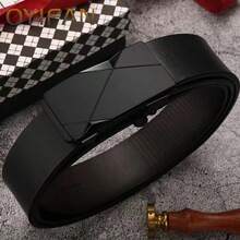 1pc Men's Fashion Belt With Automatic Alloy Buckle - Genuine Cowhide Leather Business Belt, Soft And Durable, Suitable For Business And Casual Trouser Wear - Comfortable And Adjustable, Gifts For Men - 黑色 - 查看 1