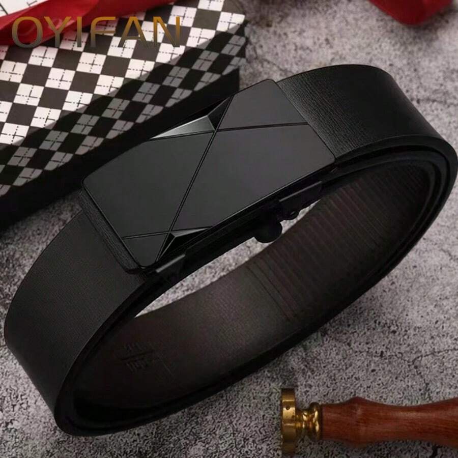 1pc Men's Fashion Belt With Automatic Alloy Buckle - Genuine Cowhide Leather Business Belt, Soft And Durable, Suitable For Business And Casual Trouser Wear - Comfortable And Adjustable, Gifts For Men - 黑色 - 查看 1