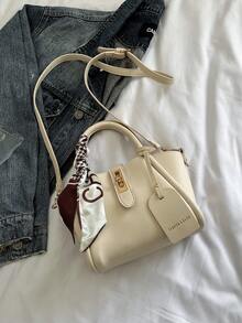 1 件时尚简约扣式 PU 挎包单肩托特包手提包配围巾，适合日常使用 - 白色 - 查看 6