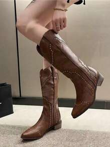 Women's Western Mid-Calf Boots With V-Cut, Riveted Decor, Square Toe, Low Block Heel, Cowgirl Boots,