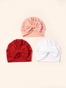 Set de 3 gorros de bebé recién nacido en unicolor, elásticos, con venda de moño - Multicolor - Ver 10