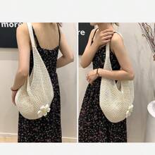 Torba Hollow Out Weave w stylu boho, torebka plażowa, torba typu tote o dużej pojemności, torba plażowa w stylu Slouchy, zakupy, damska, codzienna torba plażowa o dużej pojemności, torba typu tote z szydełkowanym kwiatem, modne torebki typu tote, torba podróżna na zewnątrz