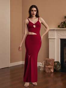 Vestido camisola largo para mujer, sin mangas, con escote en V, corte entallado, espalda descubierta y bajo calado, vestido largo de verano, ideal para cócteles. - Burdeos - Ver 9