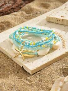 7pcs/Set Women Beach Vacation Seashell Starfish & Rice Bead Bracelets Boho Style Bangles