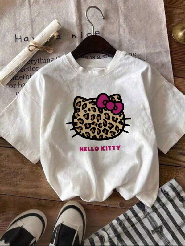 Sanrio Sanrio Women's Summer Hello Kitty Cartoon Pattern Print Casual Simple Daily Round Neck Short-Sleeved T-Shirt Tops Summer Tops White Top Cute Tops Hello Kitty Collaboration
