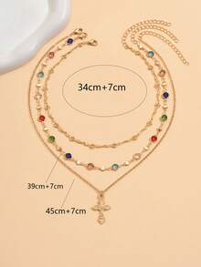 3 Piece Set Summer Elegant Colored Glass Rhinestone Handmade Chain Necklace With Cross Pendant, Fashion Layered Necklace For Women, Suitable For Daily Wear, Dating And Photography, The Colored Glass Rhinestones Are In Random Order And The Chain Length Is Customized - Multicolor - View 5
