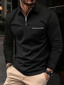 Men's Long-Sleeved Polo Shirt In A Solid Color, Casual And Comfortable, With A Chest Pocket And Zip Fastening, Suitable For Outdoor Wear In Spring And Autumn, Golf, Daily And Casual Wear. - Black - View 3