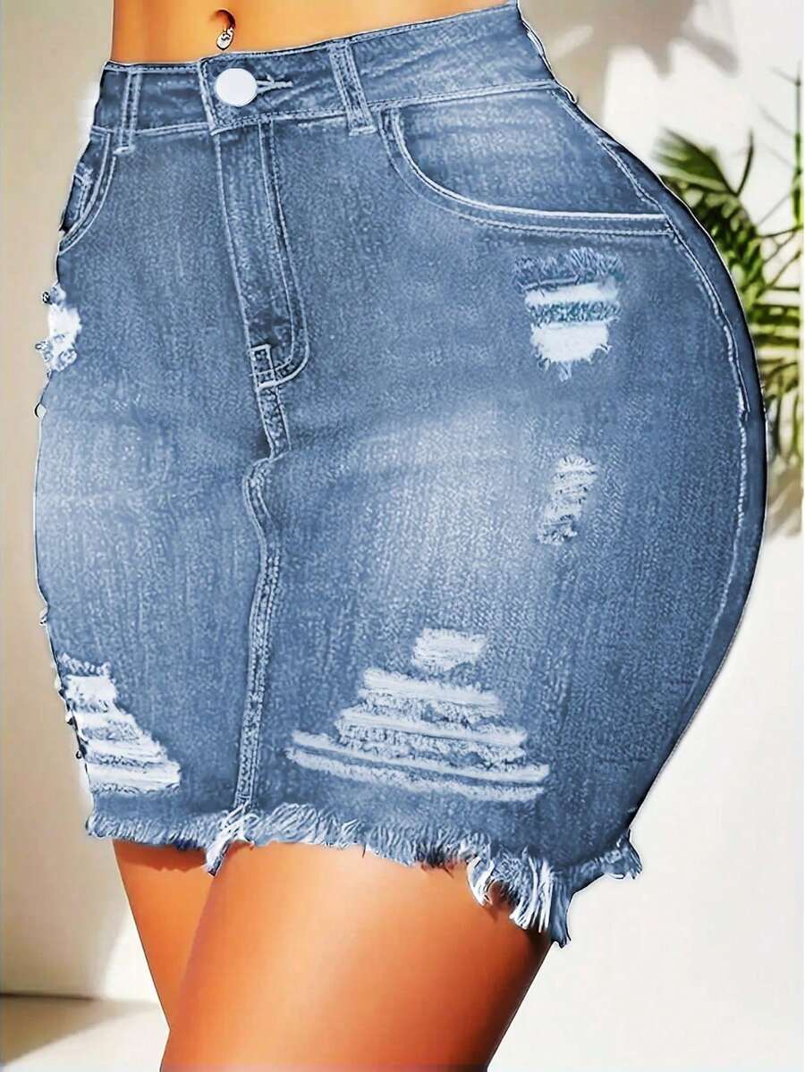 women-button-waist-belt-loop-pocket-ripped-fringed-hem-stretch-bodycon