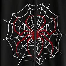 Y2K Spider Web Print Zip Up Hoodie, Long Sleeve Hoodies Sweatshirt, Women's Clothing  Halloween    Spring/Fall  Fall/Winter    Loose    Zipper  Drawstring - 黑色 - 查看 3