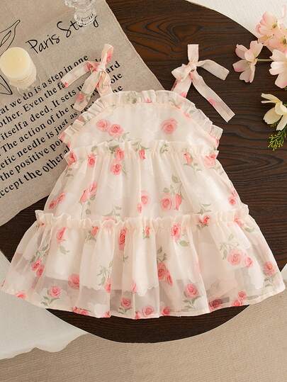 夏季女婴彩色花卉蝴蝶结装饰吊带连衣裙，女童轻薄提花面料夏季连衣裙