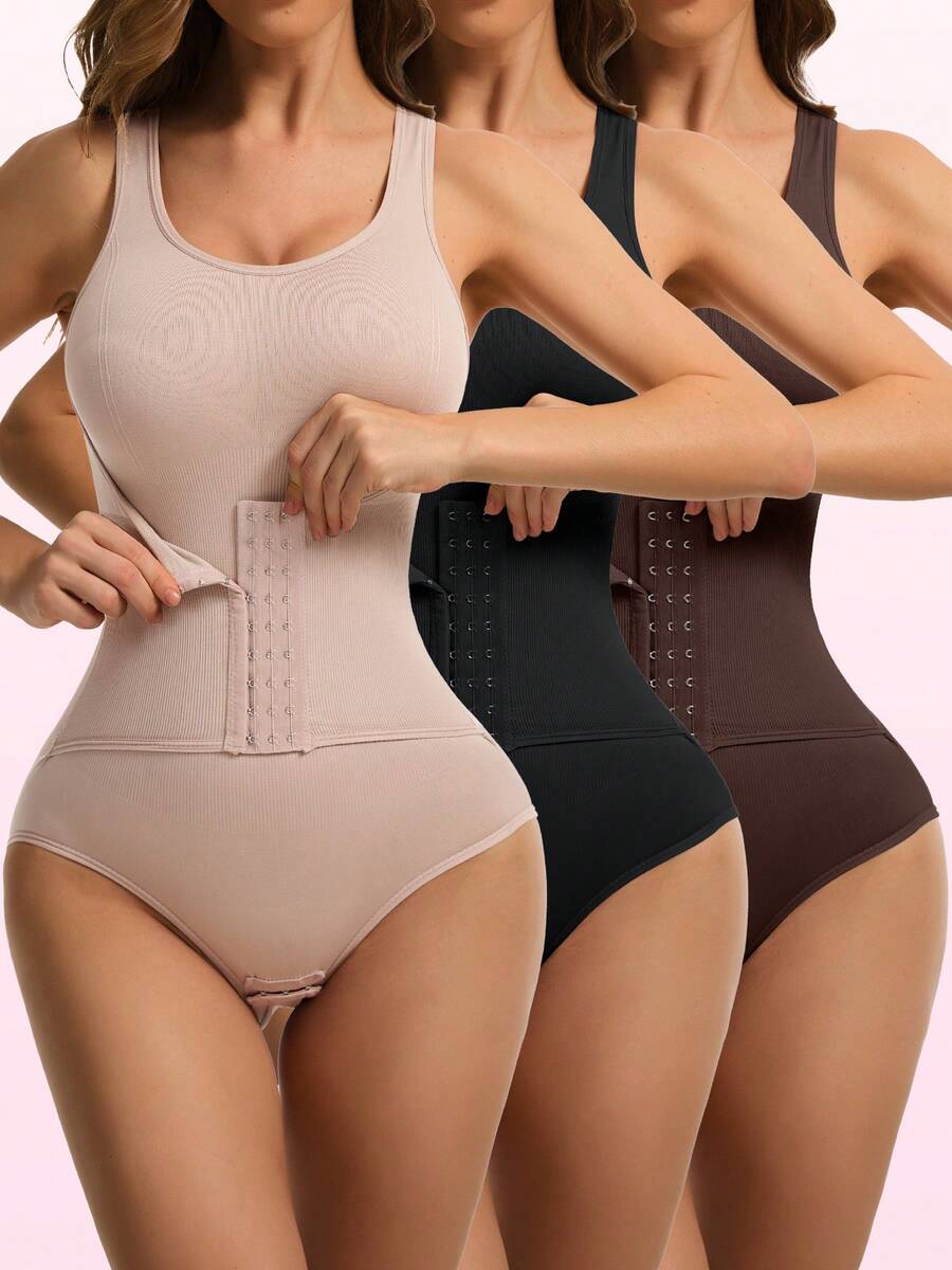 JUQDNX 3pcs Solid Tummy Control Bodysuit With Abdominal Control - Bodysuits For Women With Seamless Butt Lifting, Snap Crotch, Slimmer Body Shaping, Underwear & Postpartum Shapewear Features - 混合色 - 查看 1