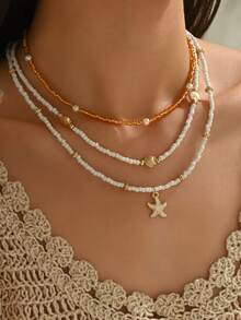 3pcs/Set Boho Style Glass Bead Necklace Set With Sweet Gradient Color Teddy Bear Pendant - Multicolor - View 2