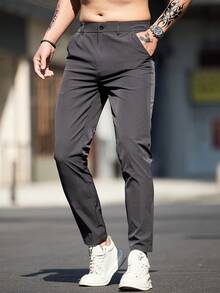 Pantalones informales entallados de unicolor con bolsillo, estilo de commuter para hombre - Gris Oscuro - Ver 5