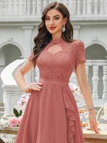 MIUSOL Floral Lace High Neck Side Ruffle Chiffon Cocktail Party Swing Dress - Dusty Pink - View 9