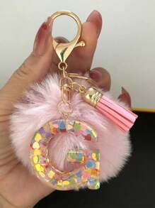 1 Pç Chaveiro de Pelúcia com Letra Inicial do Alfabeto, Chaveiro de Pelúcia com Pompom, Pingente para Bolsa, Mochila, Pingente para Carro, Presente para Mulheres e Meninas, Chaveiro de Resina com Lantejoulas, Acessórios para Carteira e Bolsa, Chaveiro com Borlas, Letra Inicial do Alfabeto A-Y, Escola