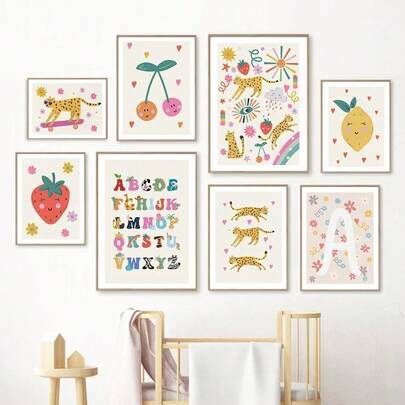 1pc Zoo Fruit Animals Alphabet Print Gift Nursery Prints Fun Kids Room Art Wall Art Canvas Painting Nordic Poster Home Living Room Decor Optional Frame