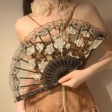 1pc Exquisite Gold Rose Lace Fan, Elegant And Beautiful Lace Material, Cool Fan Accompanies Your Daily Travel, Gatherings And Parties, Suitable For Photography And Dancing, A Must-Have Decorative Item For Fashionable Women's Charm! Vintage Black Lace Folding Fan JK Lolita Cheongsam Fan Antique Style Photo Props Lace Lace Women Folding Summer Wedding Gifts Dance High End Props Folding Fan Fan Hand Fanfolding Fan - Golden Rose Lace Fan - View 18