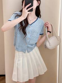 Women's Summer Striped Contrast Trim Button Ribbed Cute Versatile Hollow Design V-Neck Cardigan Blouse - Baby Blue - View 4