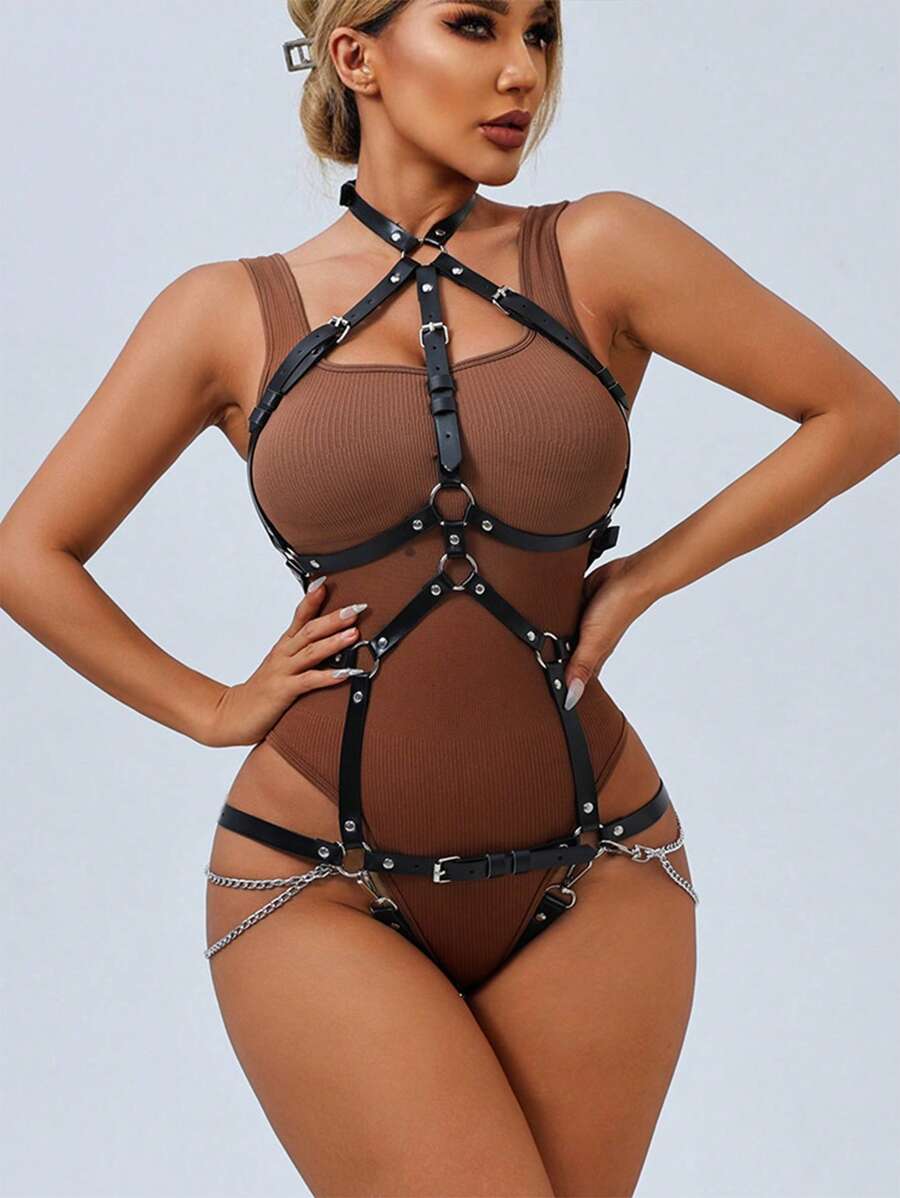 1pc Women's Sexy Full Body Leather Bondage Lingerie Gothic Hollow Out Bondage Tie Down Cage Bodysuit