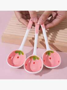 1 Stück/2 Stück/Set Erdbeere Keramik Löffel mit langem Griff, Suppenlöffel, Haushaltslöffel, Reislöffel, Dessertlöffel in Rosa, Schulbedarf
