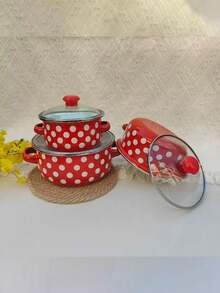 3件套搪瓷炊具套装，加厚双耳搪瓷烹饪锅，适用于燃气和电磁炉，包括带盖汤锅，搪瓷炖锅，搪瓷碗