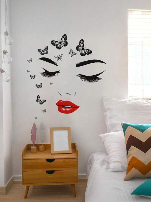 1pc Red Lips And Butterflies Wall Decals - Removable DIY Red Lips Girl Wall Sticker - Peel And Stick Butterfly Art Decor For Beauty Room, Salon, Women Bedroom Living Room Decoration Stickers