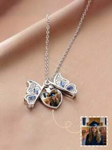 1/5Pcs Personalized Customized Butterfly Pendant Necklace, Love Star Pink Diamond Necklace, Customized Photos, Metal Material, Heart Shaped Album Box Design And Love Star Opening And Closing Design Versatile, Unique, Exquisite And Simple, School Supplies, For Teacher, For Boys And Girls, For Teenagers, Junior High School Students, Middle School Students, High School Senior High School Students, College Students, University Students, Freshman, Sophomore, Underclassmen