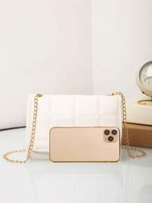 1pc Quilted Plaid Flap Shoulder Bag With Mini Metal Chain, Stitched Mini Crossbody Bag