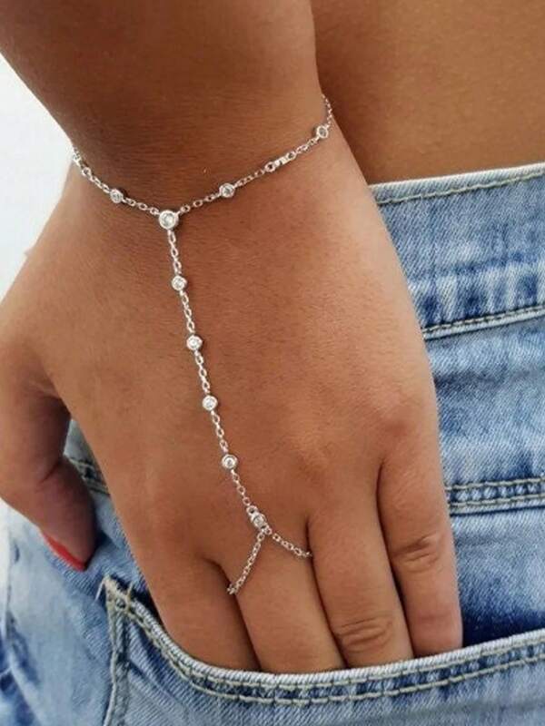 1pc Gold Bohemian Style Crystal Round Charm Chain Link Finger/Hand/Wrist Bracelet For Women, Summer Beach Jewelry