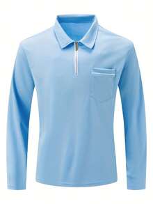 Men's Long-Sleeved Polo Shirt In A Solid Color, Casual And Comfortable, With A Chest Pocket And Zip Fastening, Suitable For Outdoor Wear In Spring And Autumn, Golf, Daily And Casual Wear. - 淺藍色 - 查看 4