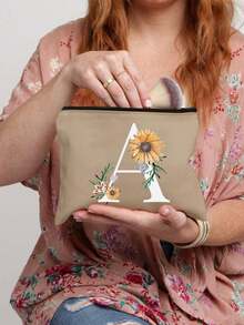 Initial Letter A-Z Flower Print Makeup Bag,Portable Toiletry Bag,Initial Pouch,Zippered Cosmetic Bag,Multi-Purpose Wash Bag,Storage Bag,Daisy Flower Pattern,Cosmetic Pouch For Small Items Storage,Clutch Bag, Lightweight Foldable Storage Bag, Teacher Gift Clutch Bag,Storage For Nurses, Doctors, Teachers Bag, ,Initial Cosmetic Bag,Suitable For Travel, Bridal Party, Or Daily Use, Beach, Mother'S Day Gift, Easter Gift, Birthday Gift
