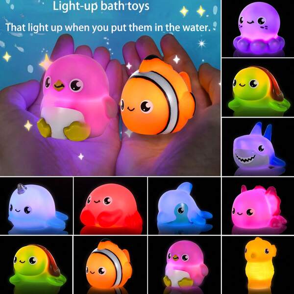 Light Up No Hole Ocean Animals Set, Glitter Colorful Bathtub Floating Water Toys, Great Gifts For Bathroom Water Tub Games Pool Party