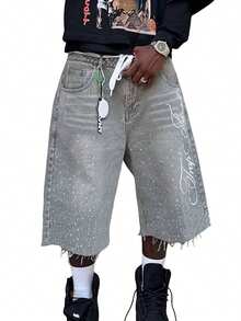Men's Summer Casual Denim Shorts Knee Length  Letter Embroidered Rhinestone Jeans Shorts - 灰色 - 查看 7