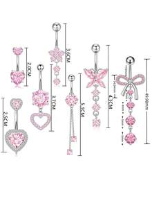 7 PCS Pink Butterfly, Flower, Heart Shaped Stainless Steel Navel Rings, Piercing Jewelry Suitable For Daily Wear - Belly ring - View 4