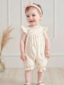 Mono de manga corta con estampado floral y lazo para recién nacida - Mameluco de bebé niña, mono de verano suave y cómodo