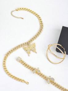 蝴蝶链首饰套装，包含链项链、水钻蝴蝶吊坠项链、水钻蝴蝶手链、大耳环、闪亮耳环、戒指套装、闪亮派对配饰 - 蝴蝶首飾 - 查看 4