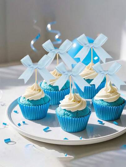 24pcs - Blue Bow Cupcake Decorations, Blue Bow Birthday Decorations, Baby Shower Theme Decorations, Bridal Party Bachelorette Party Cake Decorations.