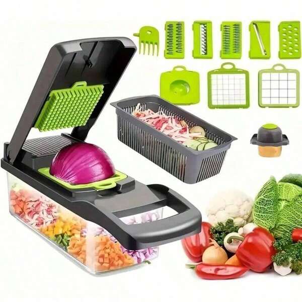 1 Picador de legumes e cebola, Máquina de corte multifuncional, Ferramenta de processamento de ingredientes, Picador de cebola com cesto de drenagem, Picador de cenoura e alho com recipiente, Utensílios de cozinha, Acessórios de cozinha, Adequado para casa/restaurante para uso rápido