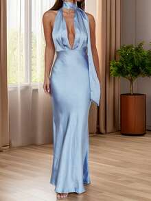 Women's Satin Halter Dress Solid Color Deep V-Neck Backless Slim Long Dress For Party - Blue - View 5