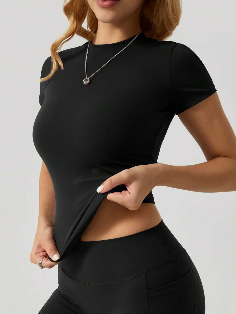 NcmRyu 1 Stück Damen nahtloses, elastisches, einfarbiges, modisches, vielseitiges, figurbetontes Sport-Kurzarm Top