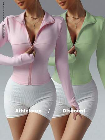 FWH Women's Slim-Fit Workout Running Sports Zip-Up Stretchy Casual Tummy-Control Soft Style Minimalist Elegant Set - Highly Attractive Combo, Contrast Panels, Running-To-Street Wear, Fashionable & Sexy Tight-Fit Long-Sleeve Yoga Jacket Two Pieces Set