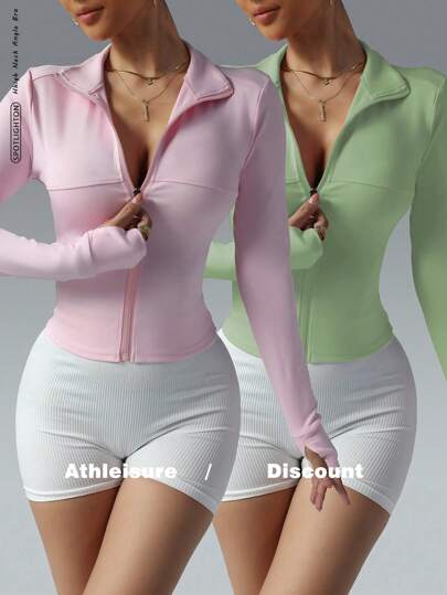 FWH Women's Slim-Fit Workout Running Sports Zip-Up Stretchy Casual Tummy-Control Soft Style Minimalist Elegant Set - Highly Attractive Combo, Contrast Panels, Running-To-Street Wear, Fashionable & Sexy Tight-Fit Long-Sleeve Yoga Jacket Two Pieces Set