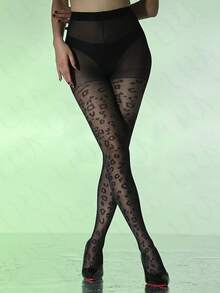 1 件女士时尚性感豹纹拼接雪纺连裤袜
