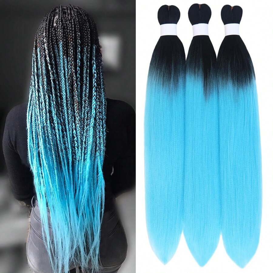 Ombre Blue Braiding Hair Pre Stretched Colored Hair Extensions For Knotless Braids 24inch 3pcs Black And Sky Blue Ombre Braiding Hair Prestretched - Đen/Xanh nhạt - Xem 1