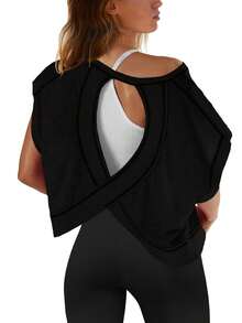 Women Casual Sexy Backless Round Neck Short Batwing Sleeve T Shirt In Cotton Blends - màu đen - Xem 1