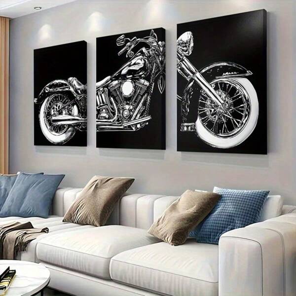 3pcs Vintage Motorcycle Wall Art, Black And White Canvas Prints, Classic Bike Engine Design, Home Decor For Living Room, Garage, Office, Retro Motorbike Enthusiast Gift, Unframed Artwork Set, Motorcycle Accessories