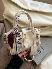 1 件时尚简约扣式 PU 挎包单肩托特包手提包配围巾，适合日常使用 - 白色 - 查看 5