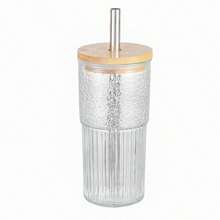 20oz Glass Cup With Straw And Wooden Lid, Textured Design, Suitable For Juice, Milk Tea, Beverage And Water